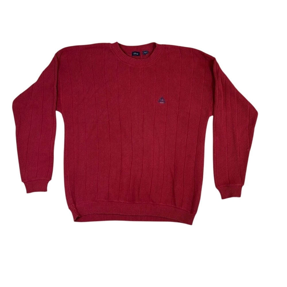 Vintage Izod Mens Red Crewneck Sweater 100% Cotton Made in USA Large Logo Knit